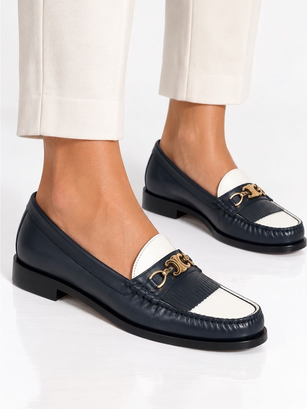 CELINE Women's Luco Triomphe Navy & White Horsebit CC Logo Loafers Size …